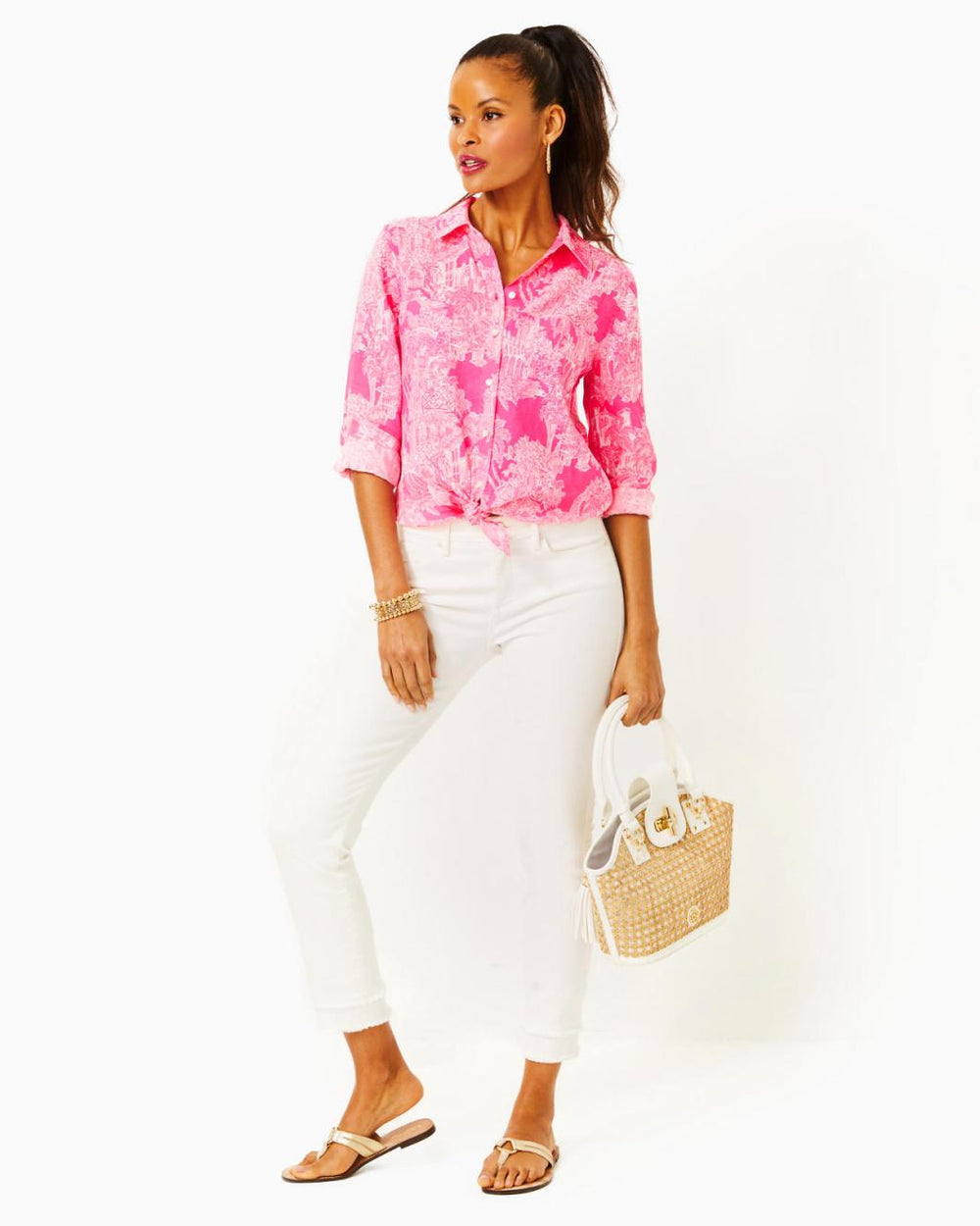 Lilly Pulitzer Sea View Button Down Top Roxie Pink Pb Anniversary Toile | Women Tops