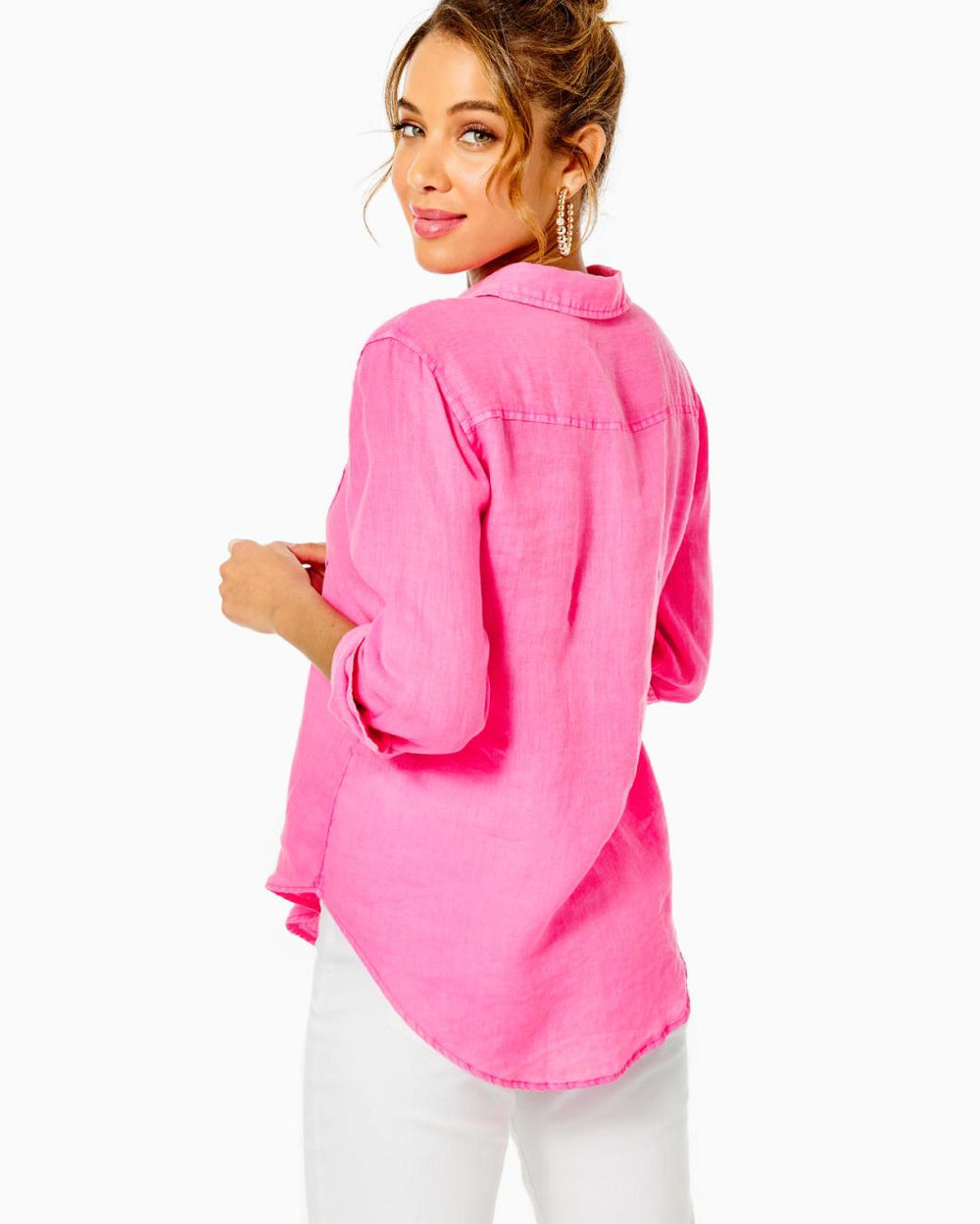 Lilly Pulitzer Sea View Linen Button Down Top Aura Pink | Women Tops