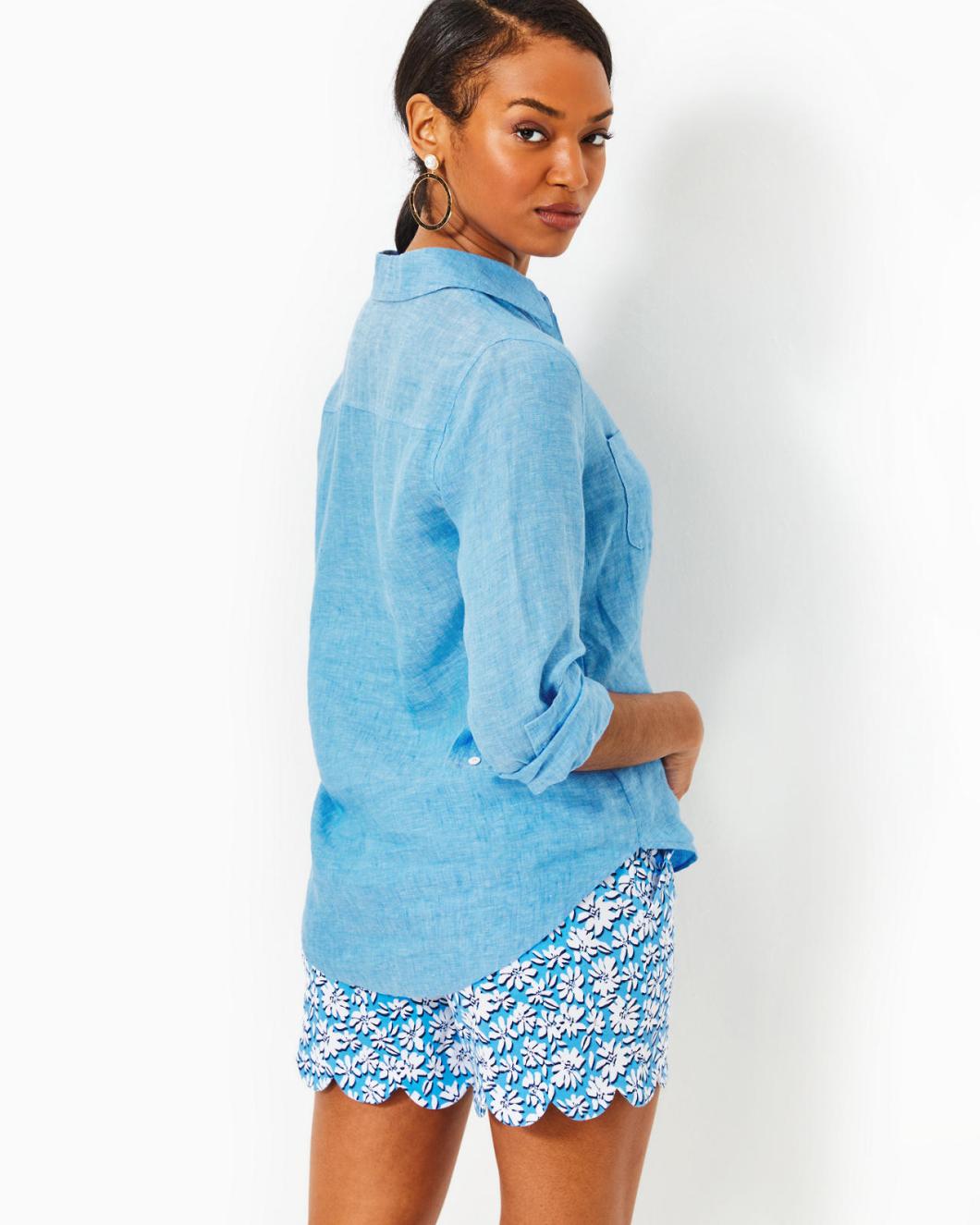 Lilly Pulitzer Sea View Linen Button Down Top Beckon Blue X Sea Salt | Women Tops