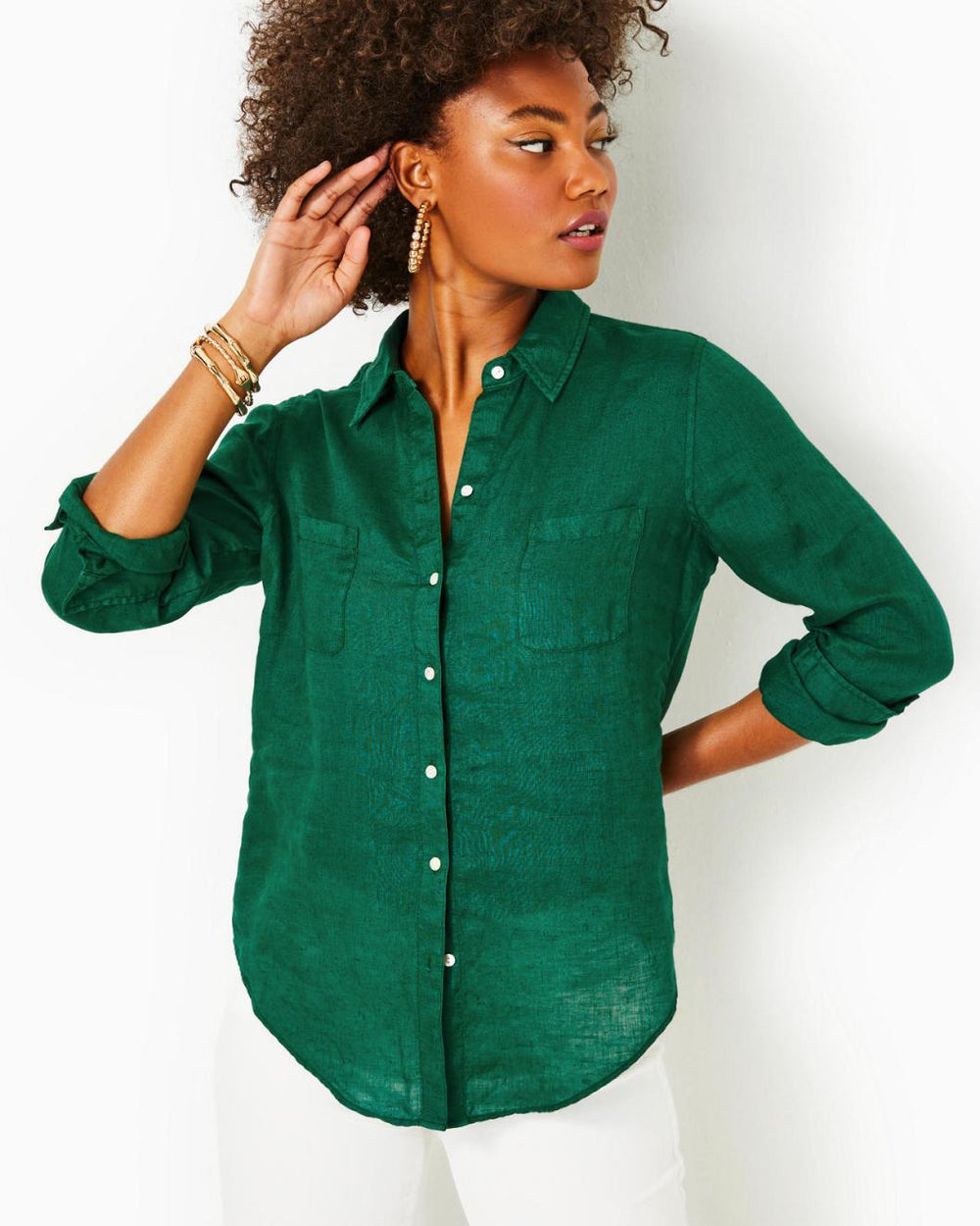 Lilly Pulitzer Sea View Linen Button Down Top Evergreen X Evergreen | Women Tops