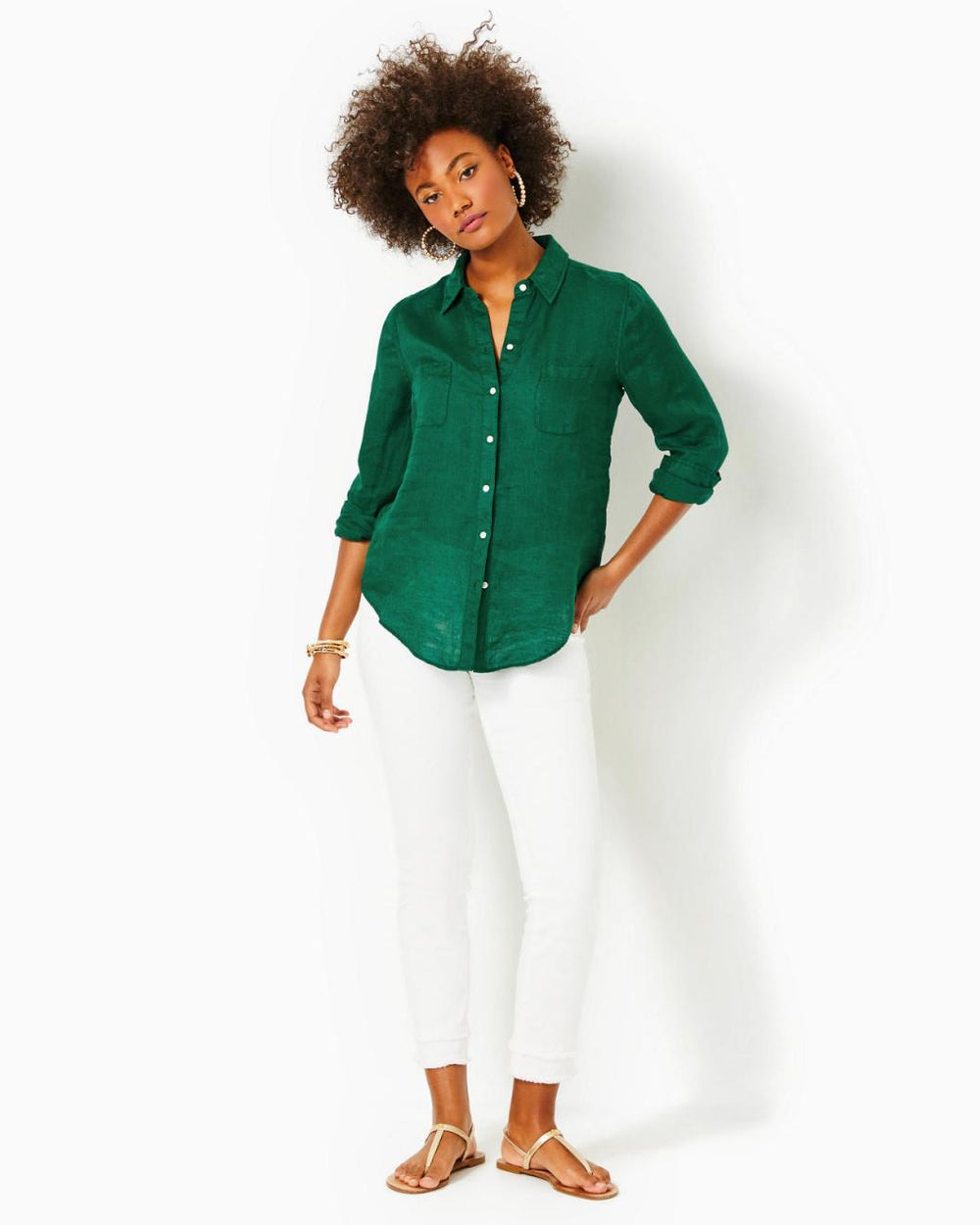 Lilly Pulitzer Sea View Linen Button Down Top Evergreen X Evergreen | Women Tops