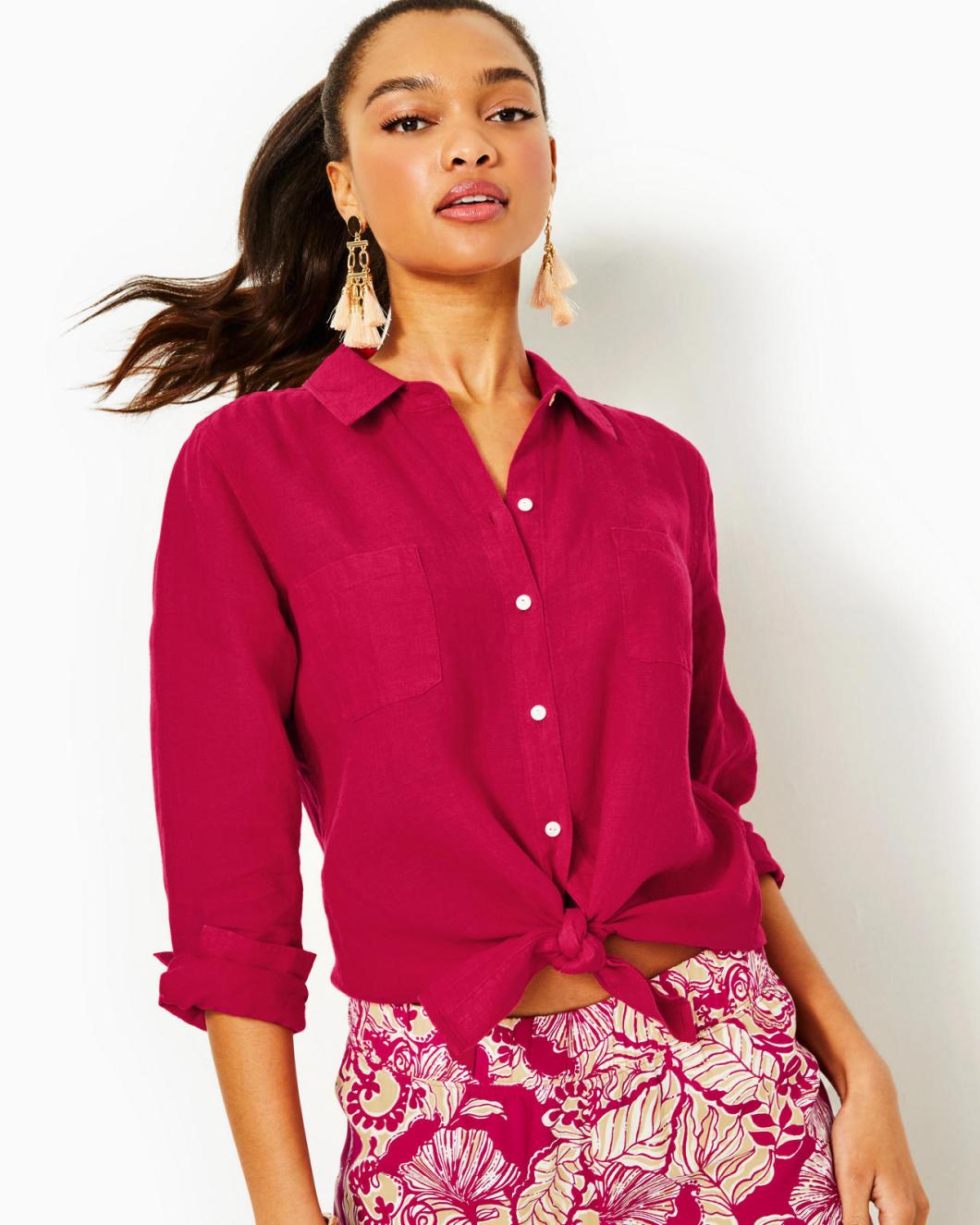 Lilly Pulitzer Sea View Linen Button Down Top Poinsettia Red X Poinsettia Red | Women Tops
