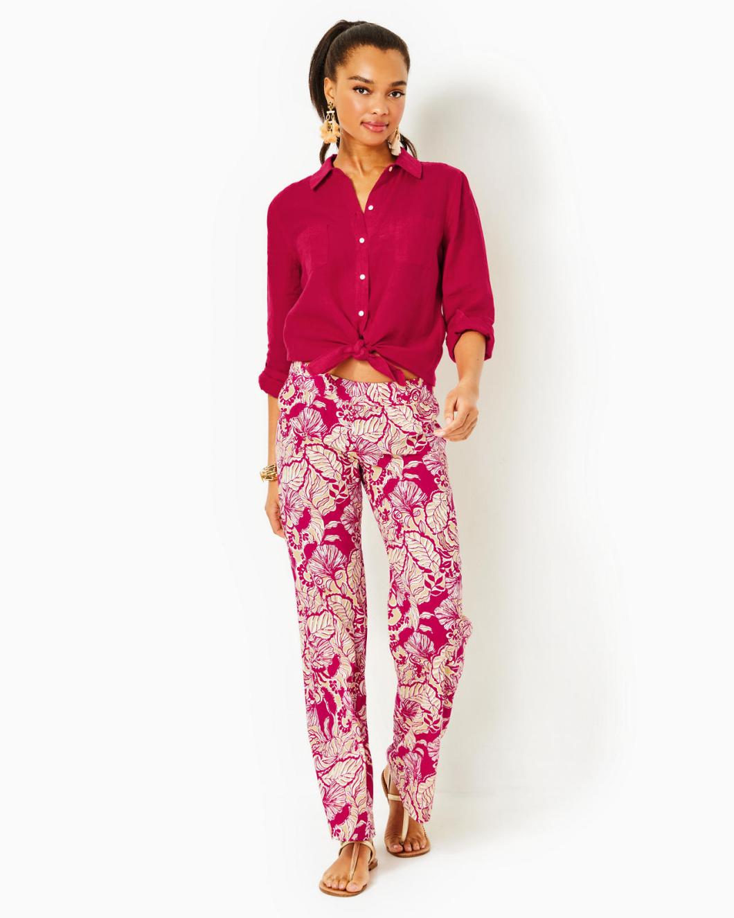 Lilly Pulitzer Sea View Linen Button Down Top Poinsettia Red X Poinsettia Red | Women Tops