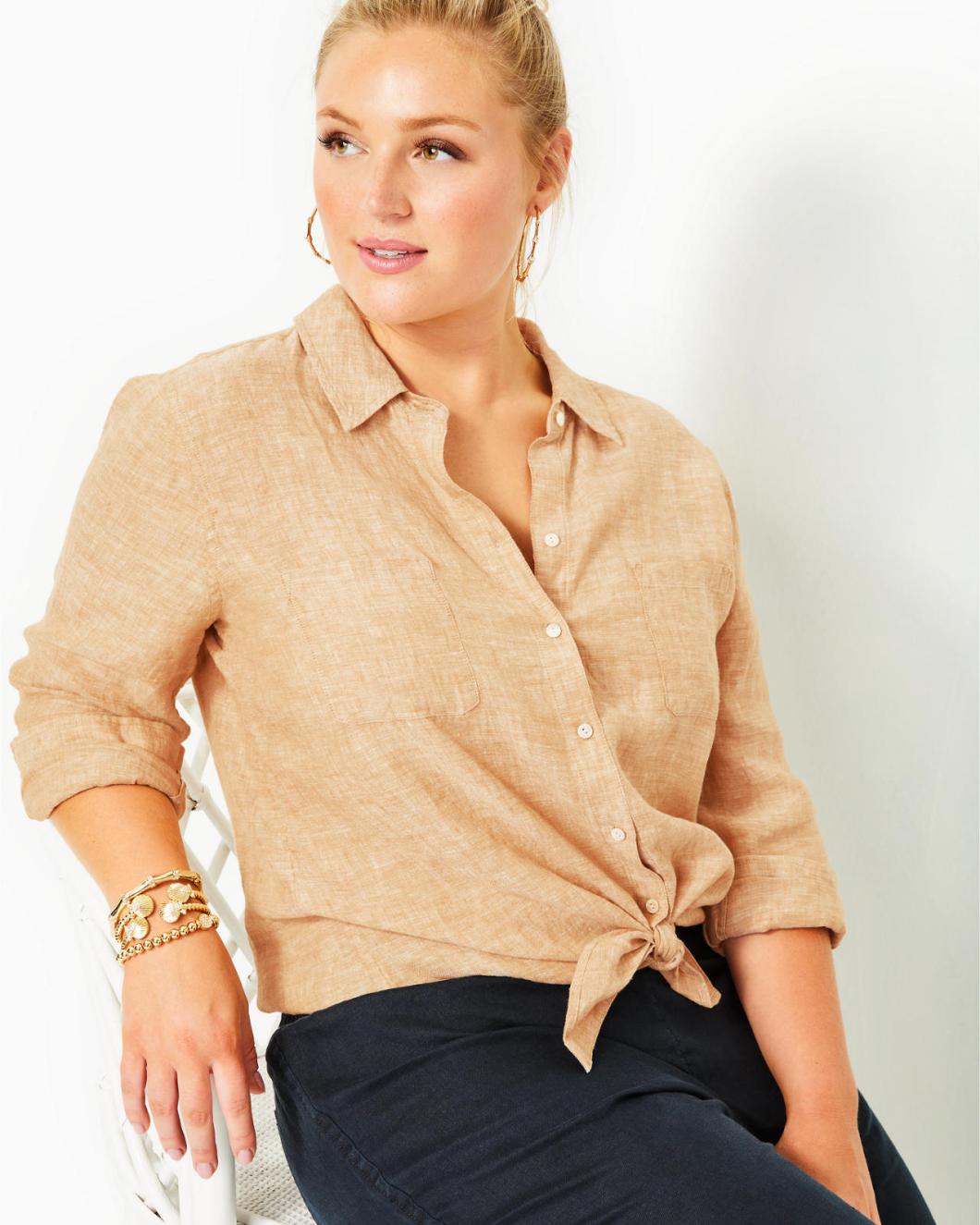 Lilly Pulitzer Sea View Linen Button Down Top Rattan X Resort White | Women Tops