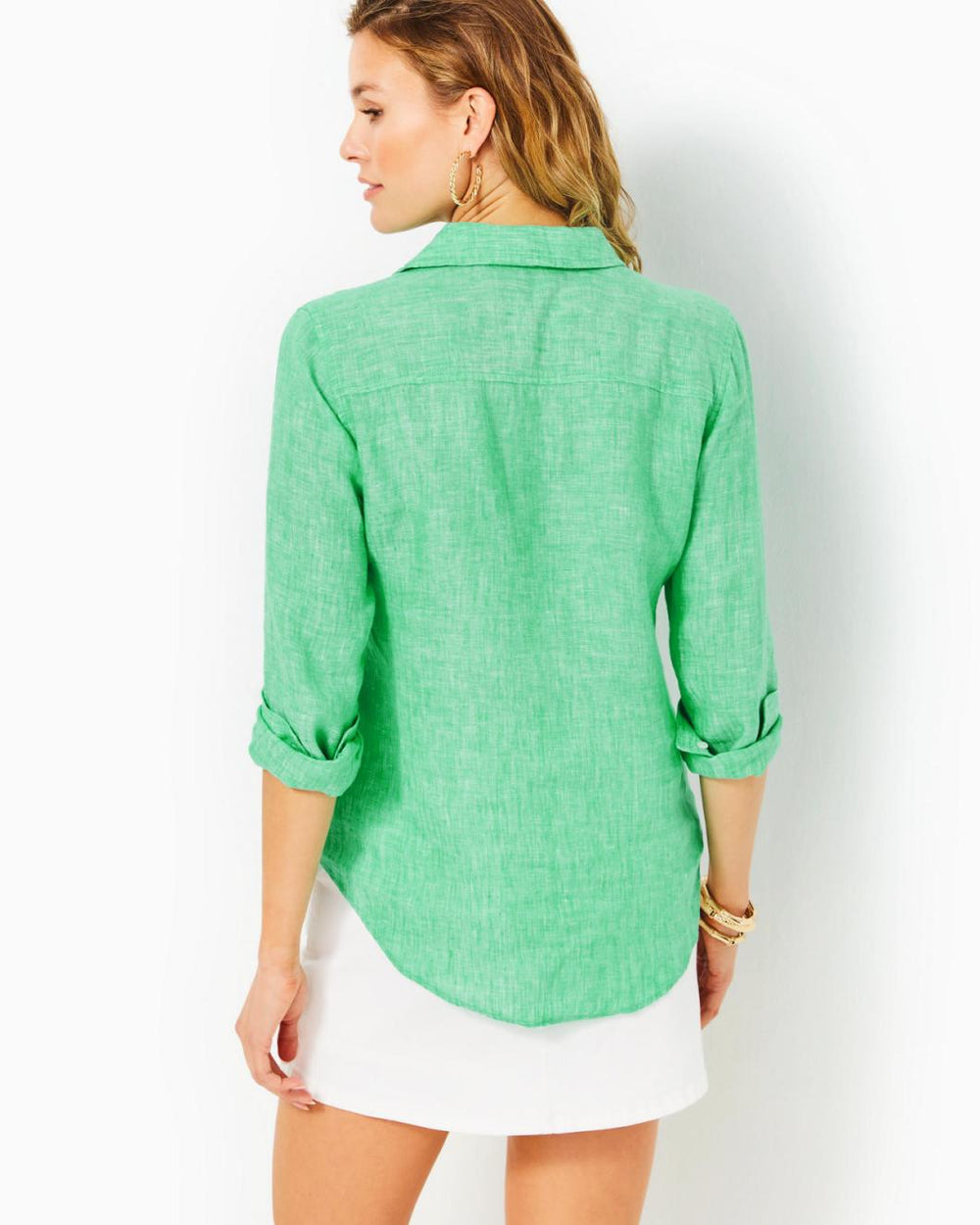 Lilly Pulitzer Sea View Linen Button Down Top Spearmint X Resort White | Women Tops
