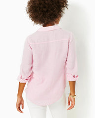 Lilly Pulitzer Sea View Linen Button Down Top Urchin Pink X Resort White | Women Tops