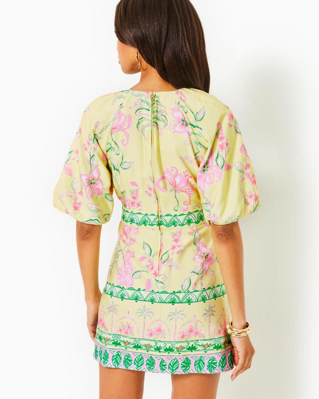 Lilly Pulitzer Soumya Short Sleeve Bow Romper Finch Yellow Tropical Oasis Engineered Romper | Women Rompers &amp; Jumpsuits