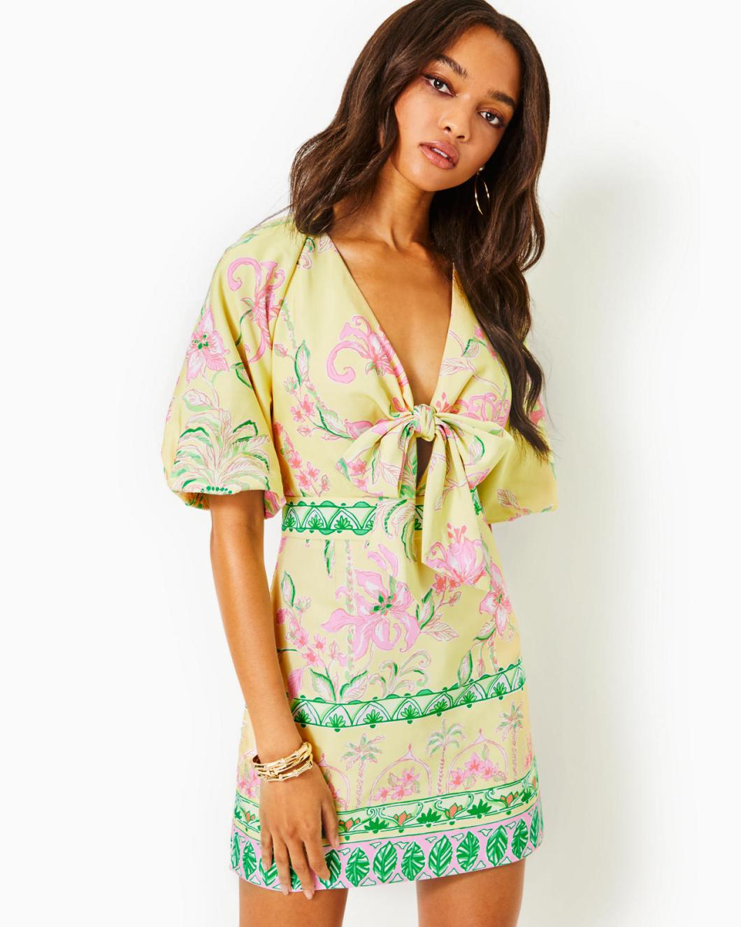 Lilly Pulitzer Soumya Short Sleeve Bow Romper Finch Yellow Tropical Oasis Engineered Romper | Women Rompers &amp; Jumpsuits