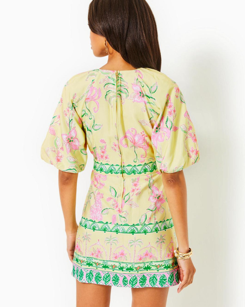 Lilly Pulitzer Soumya Short Sleeve Bow Romper Finch Yellow Tropical Oasis Engineered Romper | Women Rompers &amp; Jumpsuits