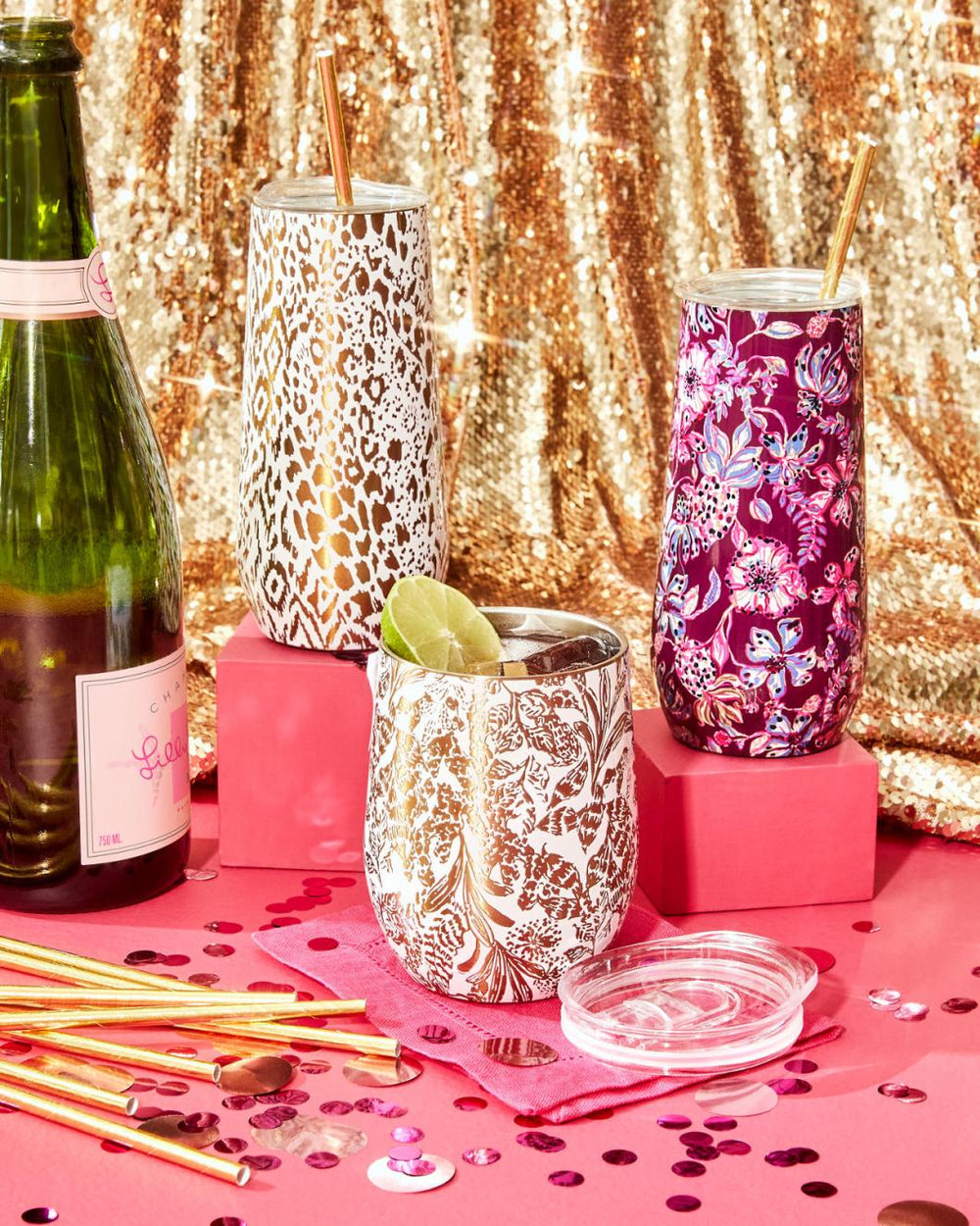 Lilly Pulitzer Stainless Steel Champagne Flute Gold Metallic Pattern Play | Women Tabletop