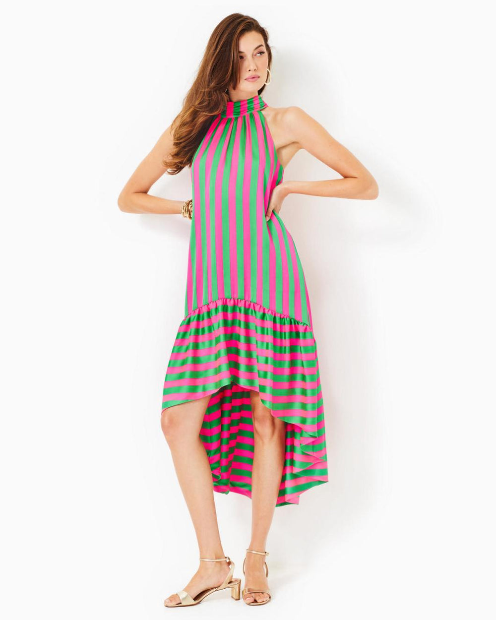 Lilly Pulitzer Steph Halter Midi Dress Roxie Pink X Spearmint Wide Stripe | Women A-Line/Easy Dresses