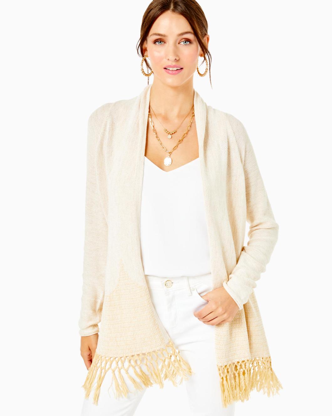 Lilly Pulitzer Tatum Long Fringe Hem Cardigan Gold Metallic | Women Tops