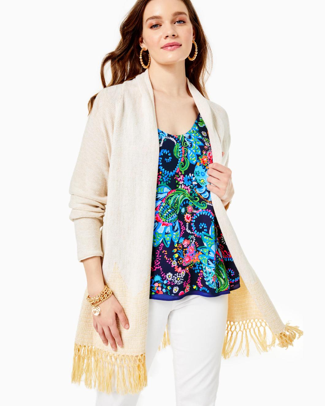 Lilly Pulitzer Tatum Long Fringe Hem Cardigan Gold Metallic | Women Tops