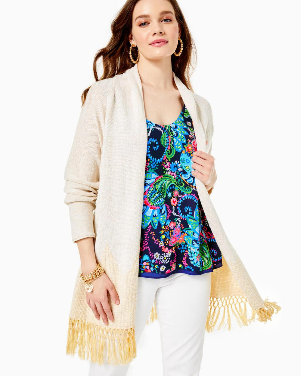 Lilly Pulitzer Tatum Long Fringe Hem Cardigan Gold Metallic | Women Tops