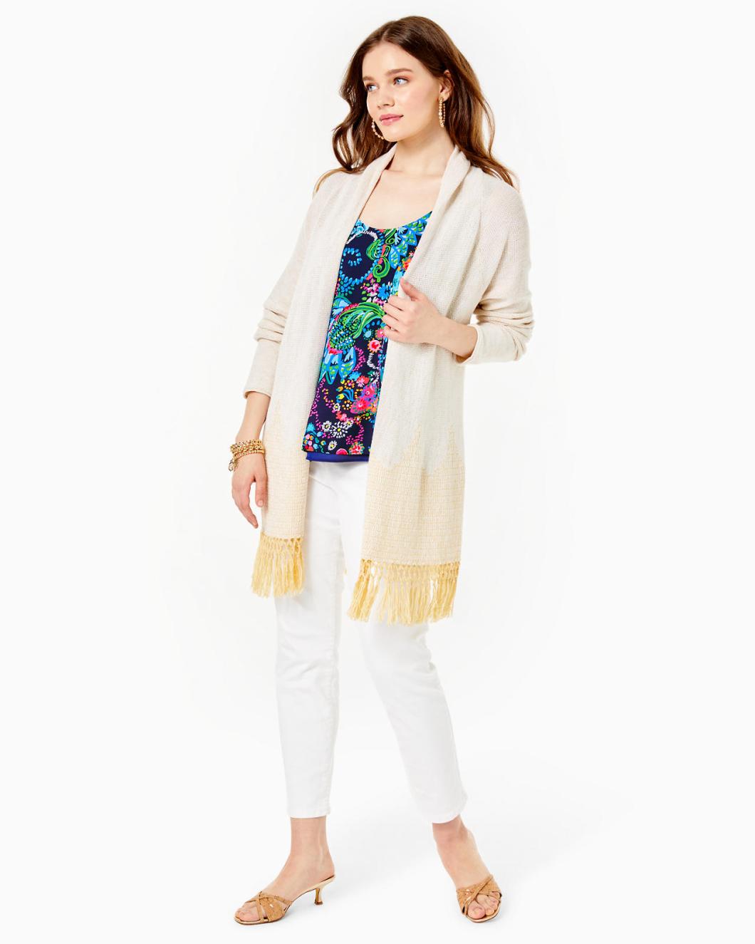 Lilly Pulitzer Tatum Long Fringe Hem Cardigan Gold Metallic | Women Tops