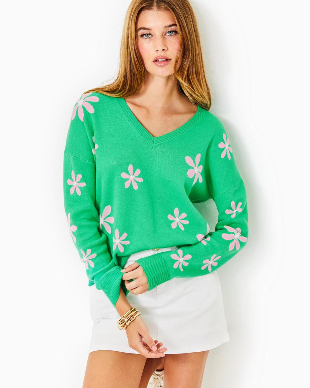 Lilly Pulitzer Tensley Cotton Sweater Spearmint Blossom Jacquard | Women Tops