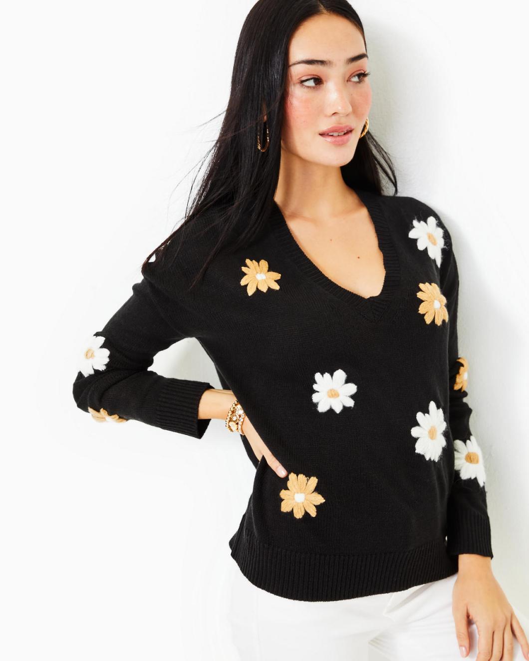 Lilly Pulitzer Tensley Sweater Black Blooming Embroidery | Women Tops