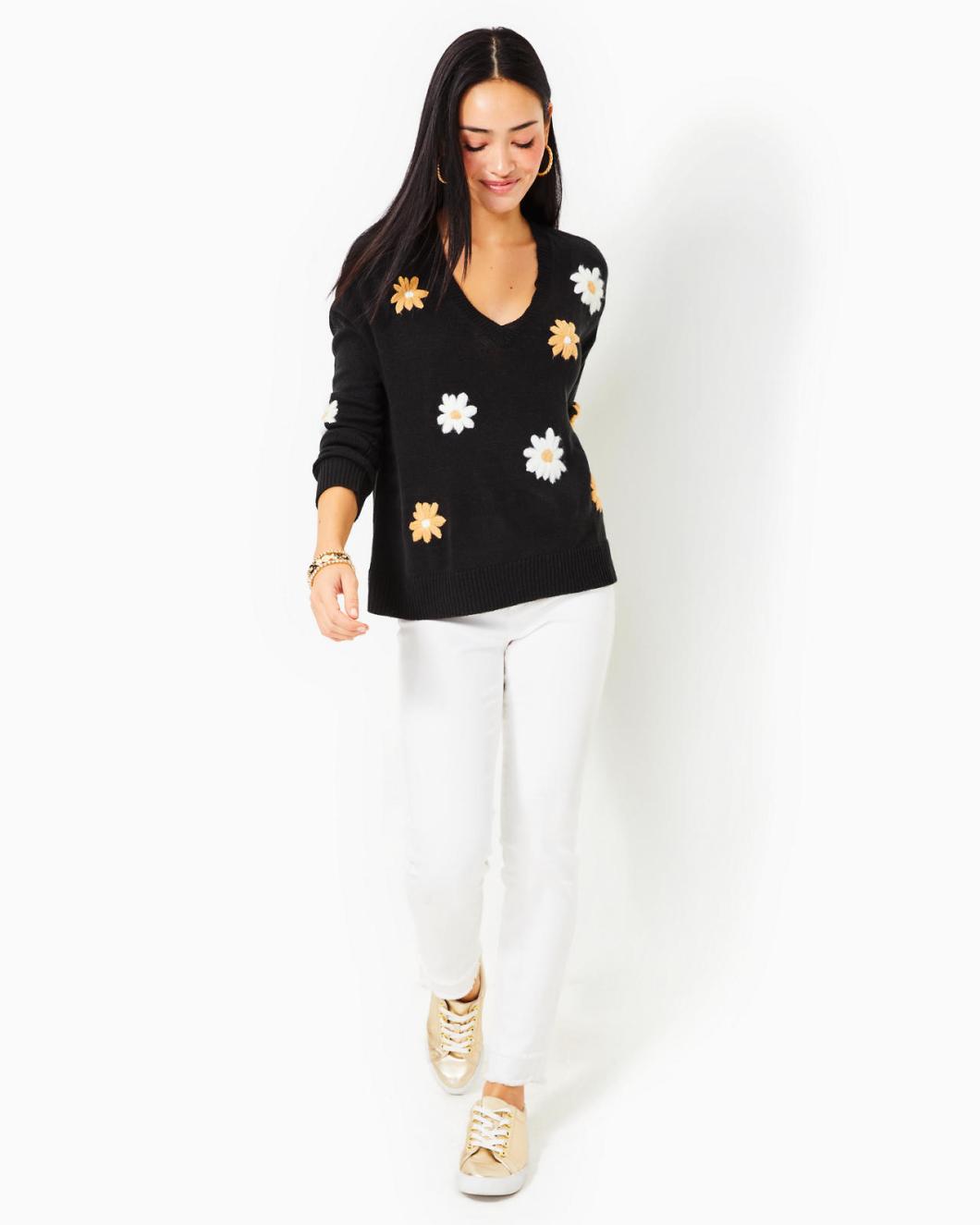 Lilly Pulitzer Tensley Sweater Black Blooming Embroidery | Women Tops