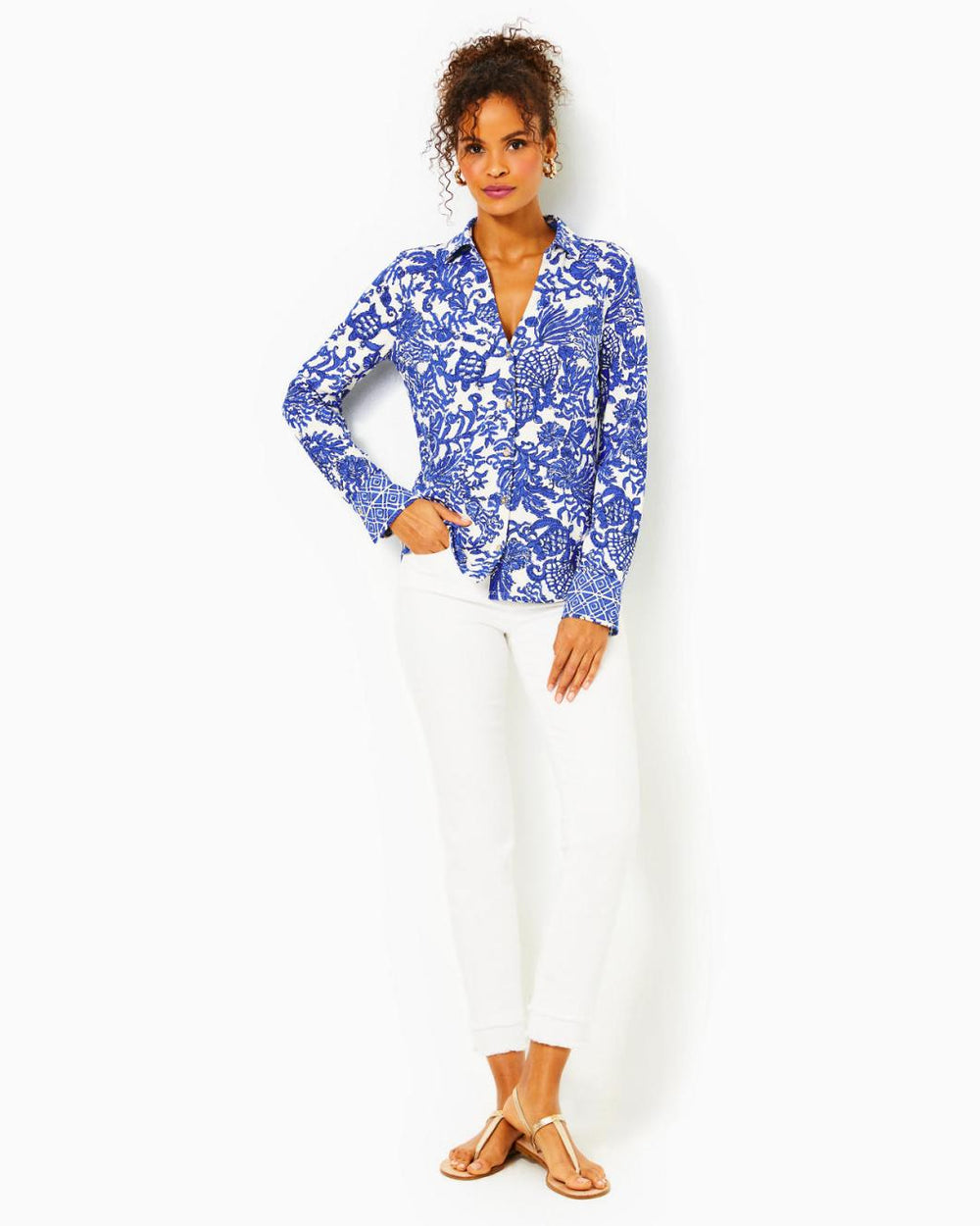 Lilly Pulitzer Upf 50+ Chillylilly Marlena Button Down Top Deeper Coconut Ride With Me Engineered Chillylilly | Women Tops