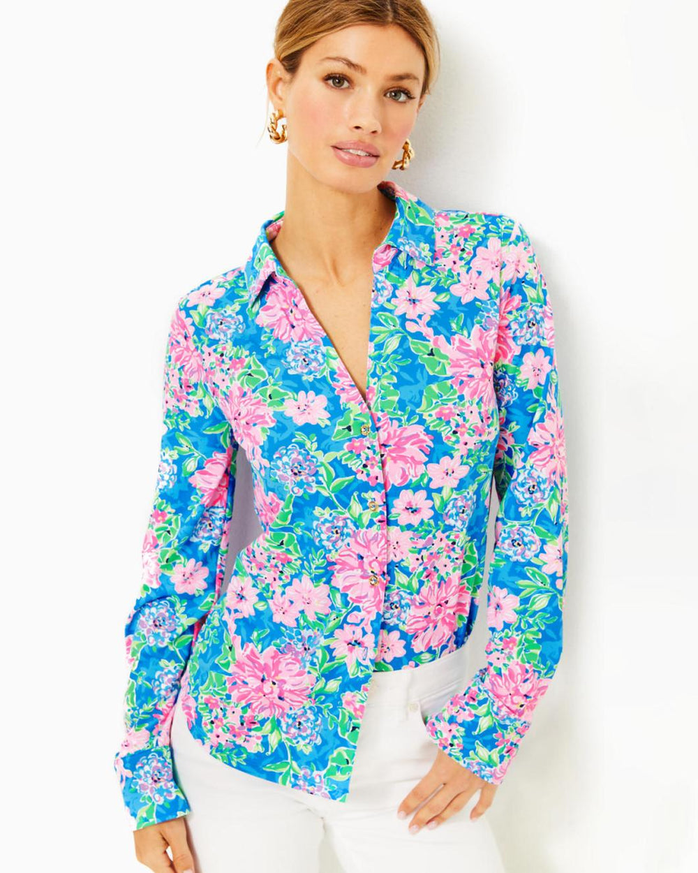 Lilly Pulitzer Upf 50+ Chillylilly Marlena Button Down Top Multi Spring In Your Step | Women Tops