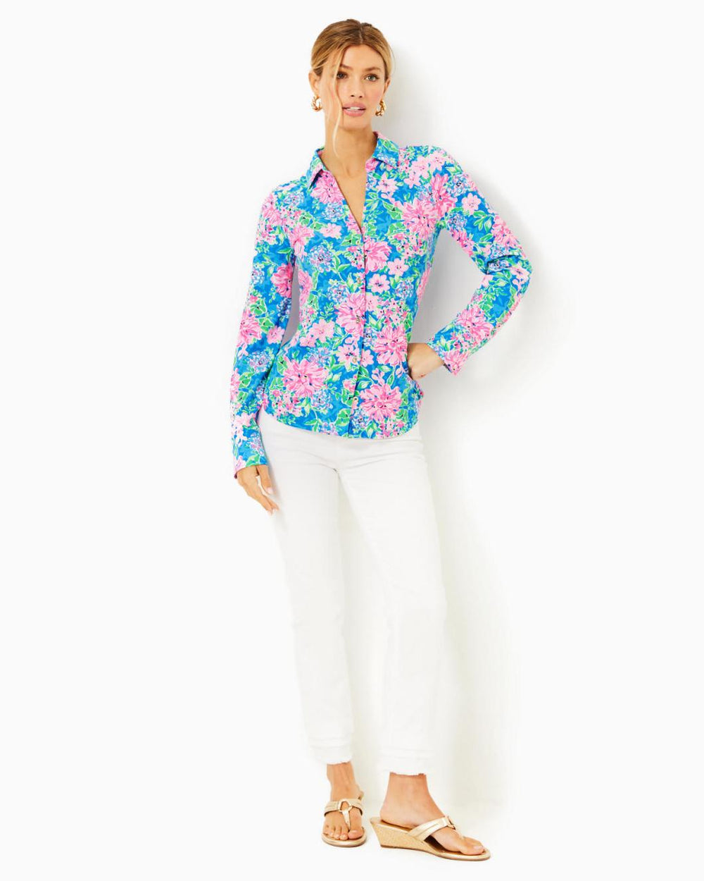 Lilly Pulitzer Upf 50+ Chillylilly Marlena Button Down Top Multi Spring In Your Step | Women Tops