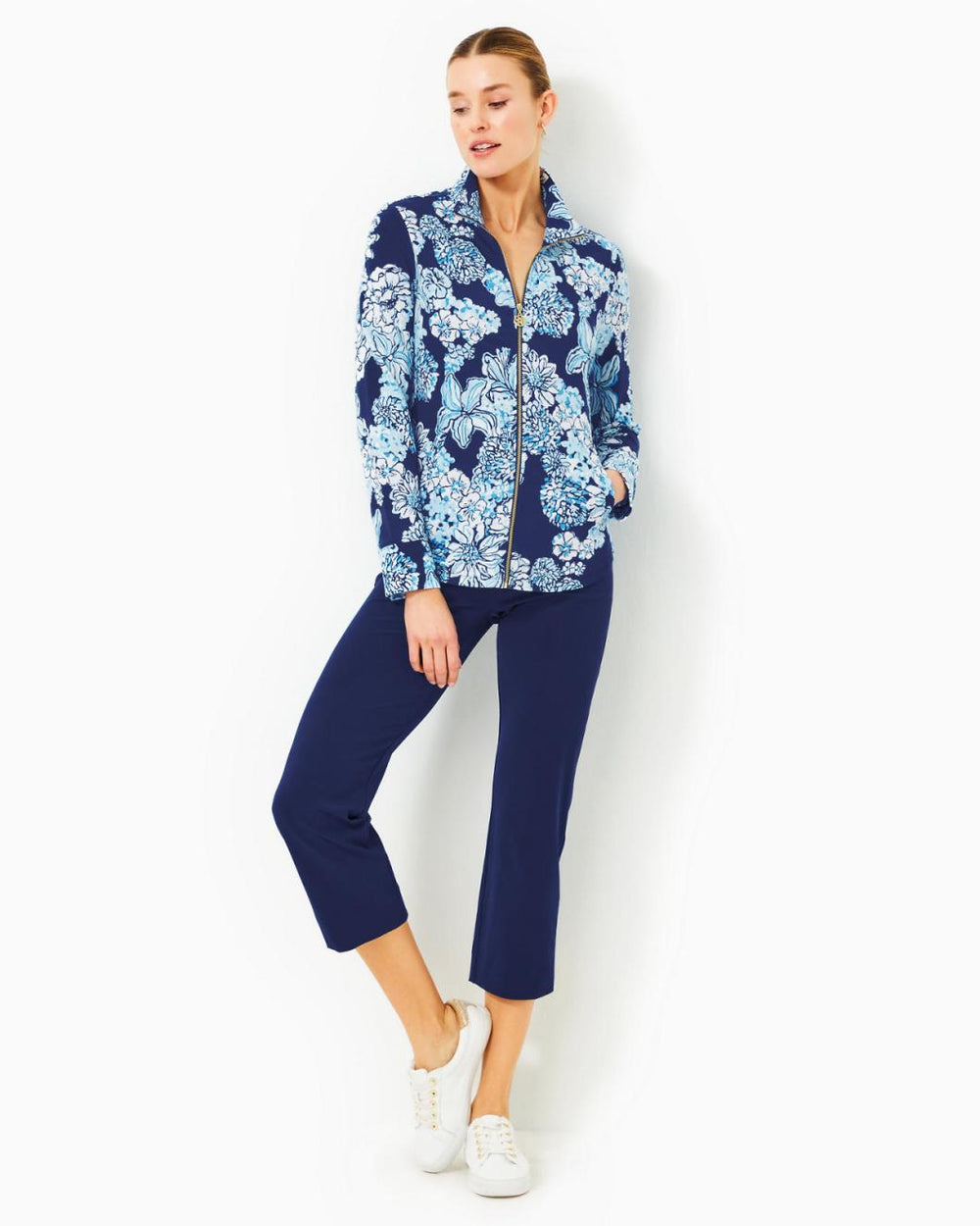 Lilly Pulitzer Upf 50+ Leona Zip-Up Jacket Low Tide Navy Bouquet All Day | Women Tops