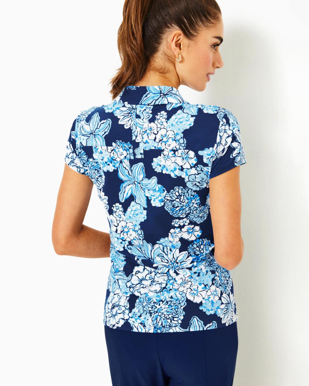Lilly Pulitzer Upf 50+ Luxletic Frida Polo Top Low Tide Navy Bouquet All Day | Women Tops