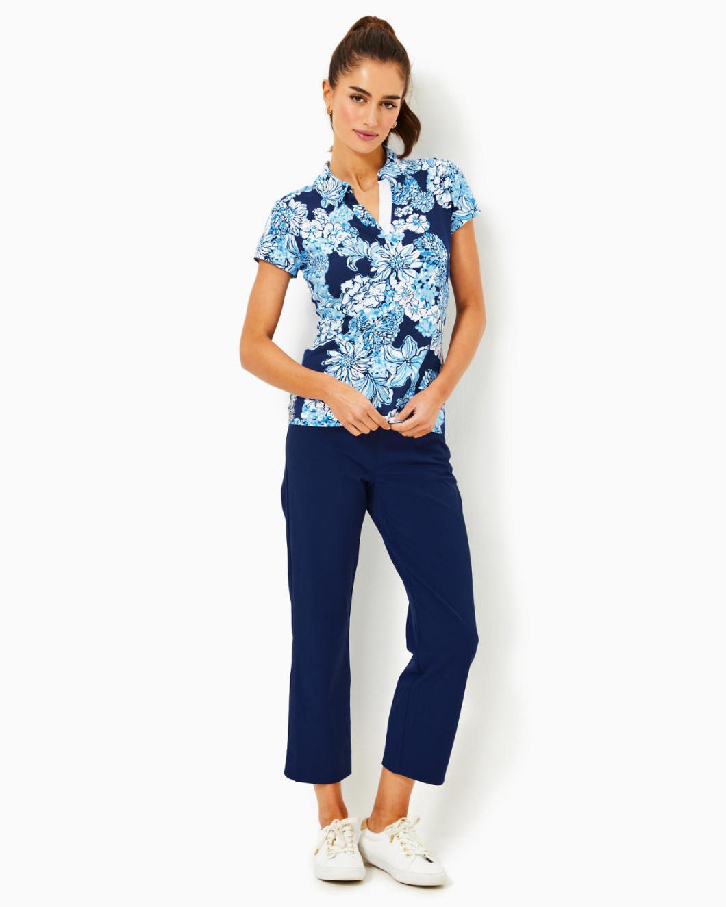 Lilly Pulitzer Upf 50+ Luxletic Frida Polo Top Low Tide Navy Bouquet All Day | Women Tops
