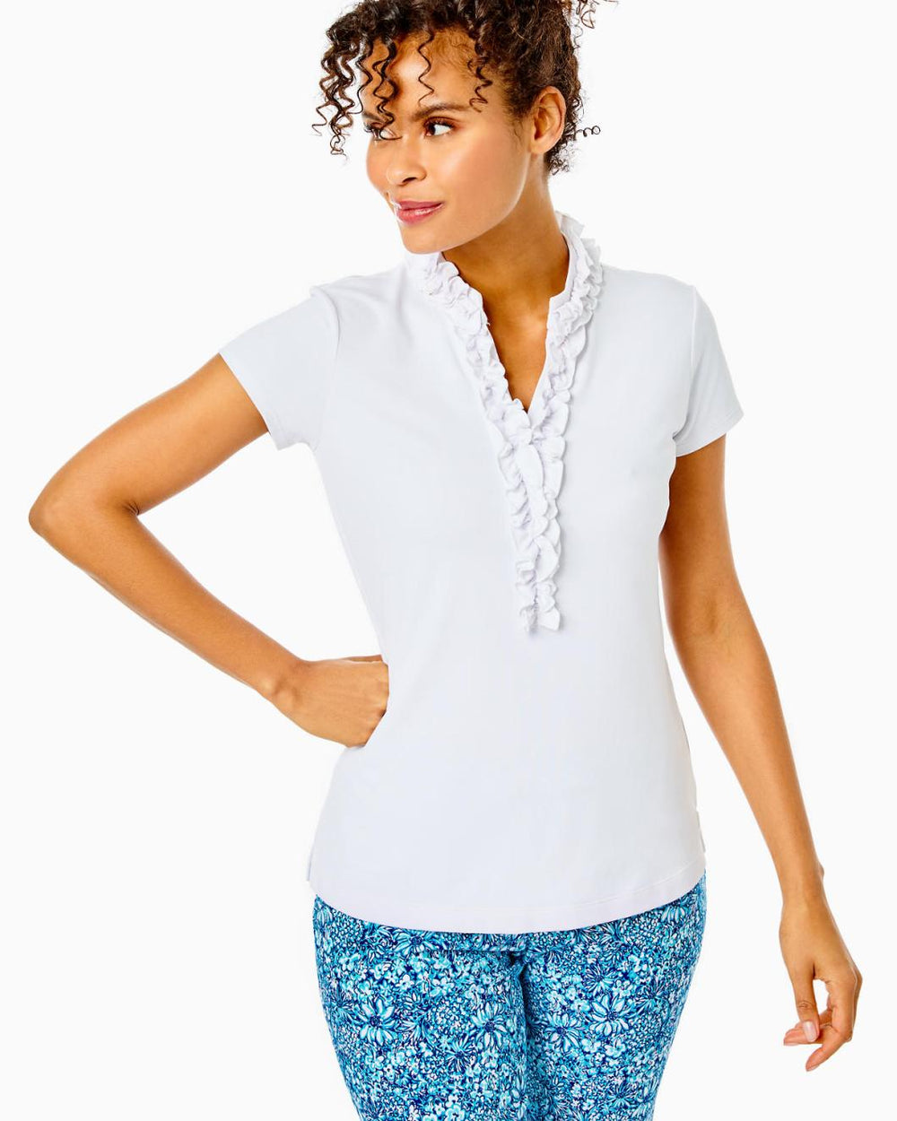 Lilly Pulitzer Upf 50+ Luxletic Frida Ruffle Polo Top Resort White | Women Tops