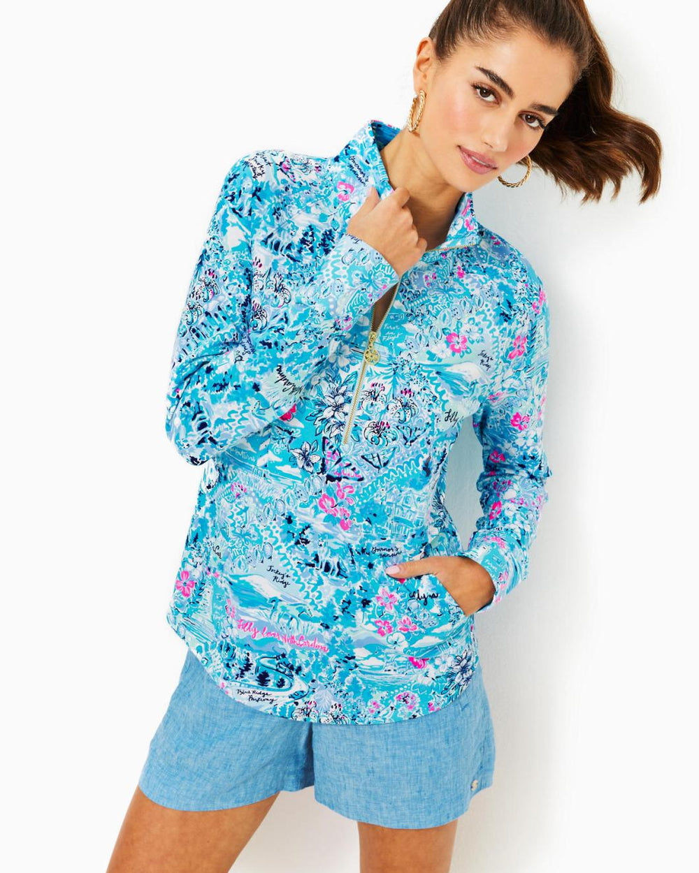 Lilly Pulitzer Upf 50+ Skipper Popover Blue Peri Lilly Loves North Carolina | Women Tops