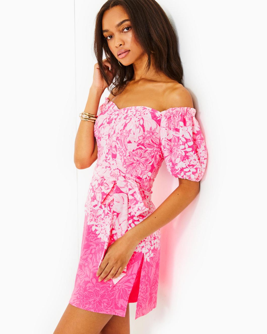 Lilly Pulitzer Winola Off-The-Shoulder Romper Roxie Pink Shadow Dancer Engineered Romper | Women Rompers &amp; Jumpsuits