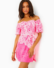 Lilly Pulitzer Winola Off-The-Shoulder Romper Roxie Pink Shadow Dancer Engineered Romper | Women Rompers &amp; Jumpsuits