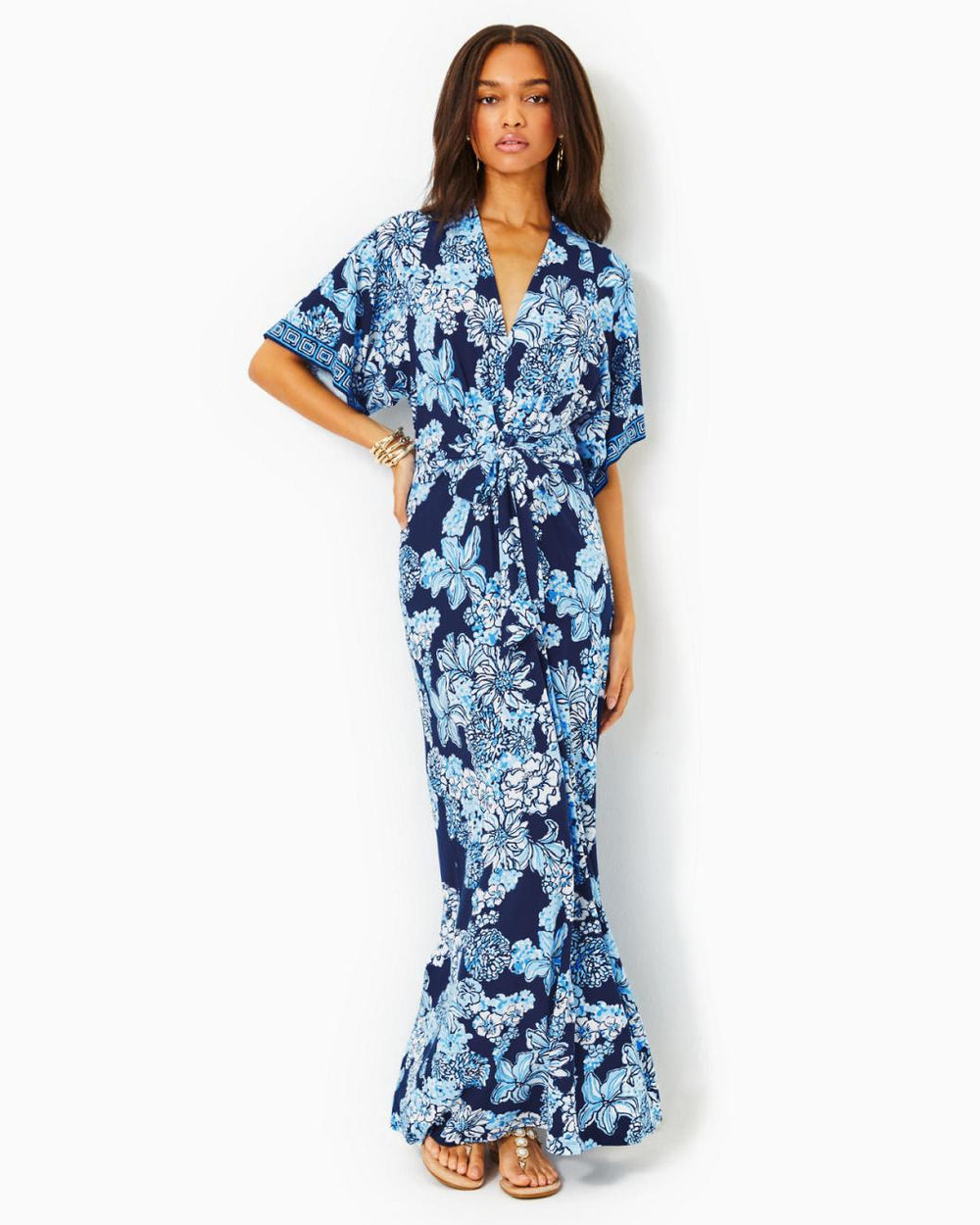 Lilly Pulitzer Wisteria V-Neck Maxi Dress Low Tide Navy Bouquet All Day Engineered Knit Maxi Dre | Women Fit &amp; Flare Dresses
