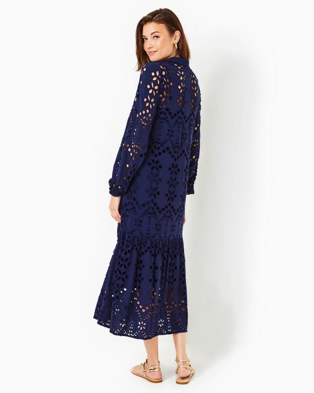 Lilly Pulitzer Zia Eyelet Midi Shirtdress True Navy Soiree Eyelet | Women A-Line/Easy Dresses