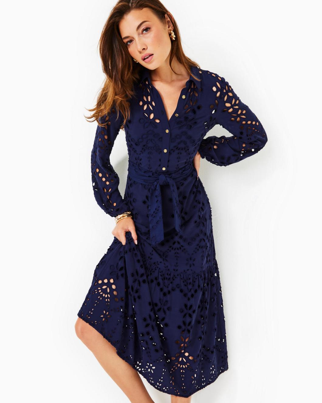 Lilly Pulitzer Zia Eyelet Midi Shirtdress True Navy Soiree Eyelet | Women A-Line/Easy Dresses