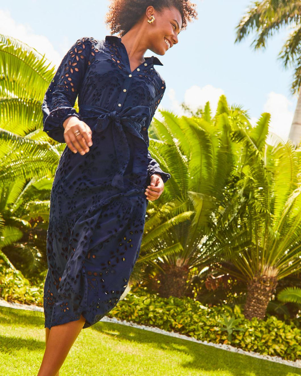 Lilly Pulitzer Zia Eyelet Midi Shirtdress True Navy Soiree Eyelet | Women A-Line/Easy Dresses